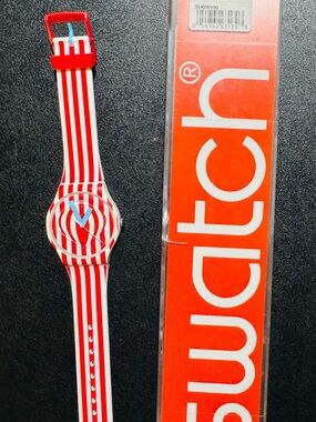 Swatch Red and White Striped Watch with Blue Hands